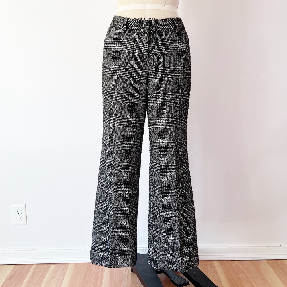 Y2K Express Editor Pants Black White Glen Plaid Tweed Flare Leg Low Rise 6